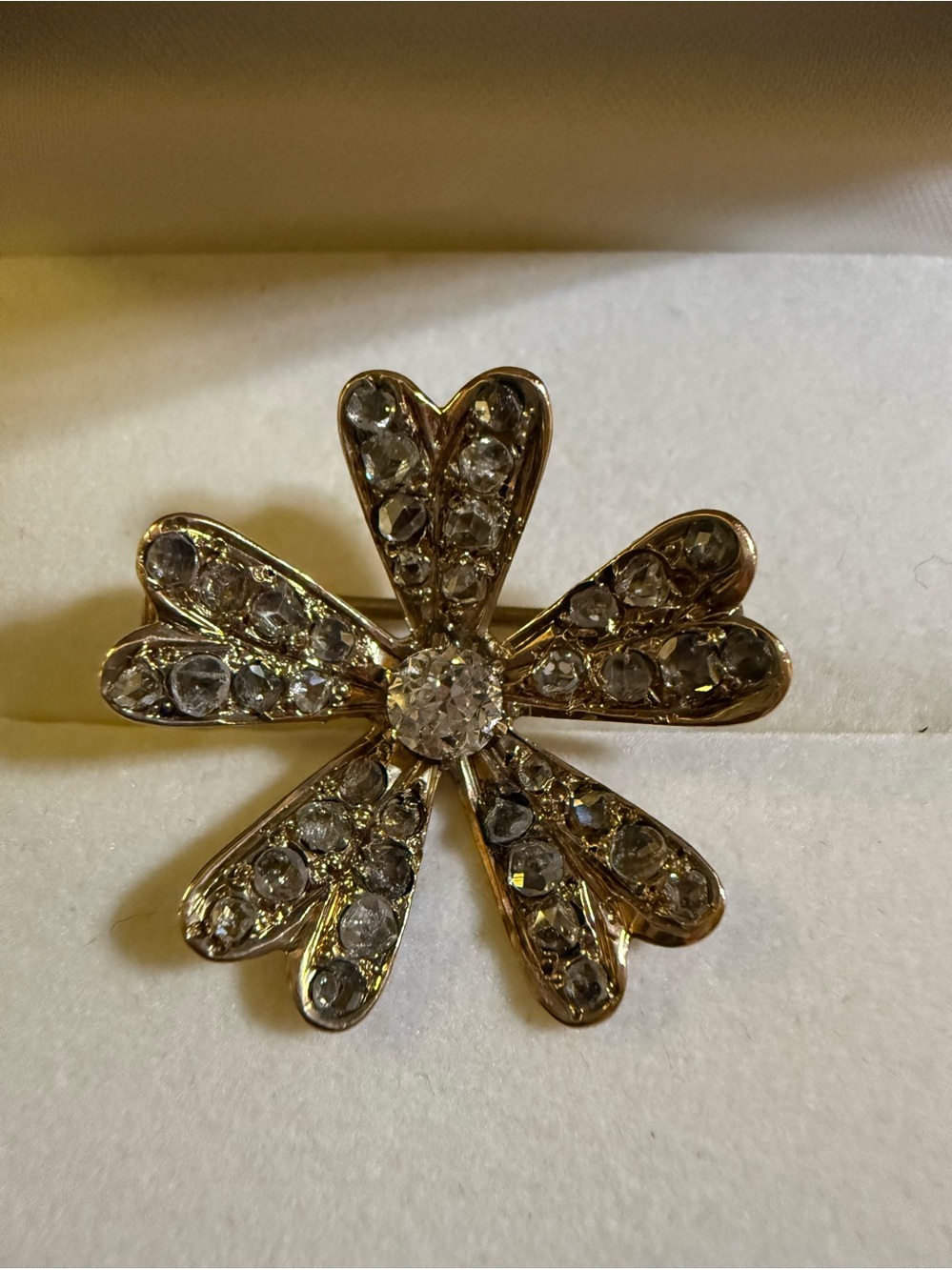 Antique Victorian 14K Gold Rose Cut Diamond Flower Brooch